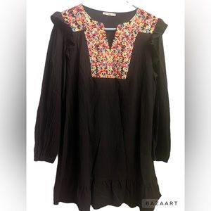 KIRUNDO Women’s black with embrodiey Mini Dress V Neck Bohemia Dress sz XL